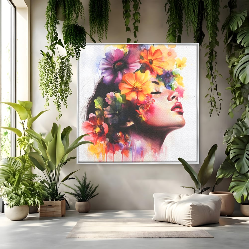Tablou canvas cu pictura profil femeie cu flori, in rama de aluminiu argintiu